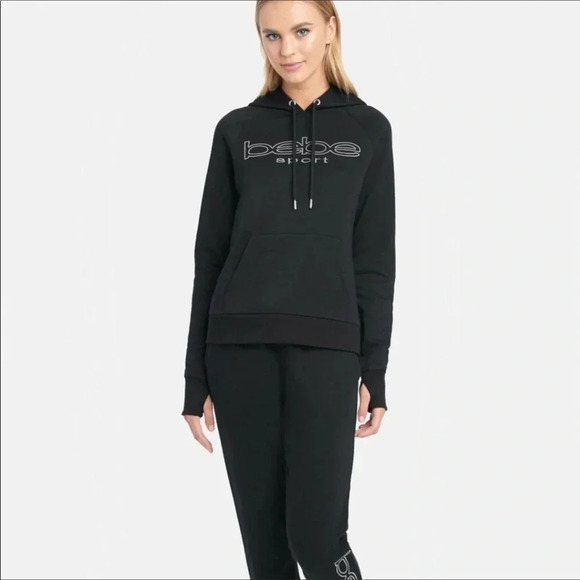 NWT bebe Sport Black Embroidered Logo Pullover Drawstring Hoodie Size Medium - Picture 1 of 7